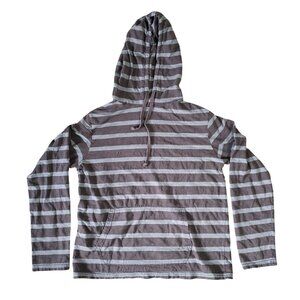 Mens Brown Gray Striped Hooded Pullover Long Sleeve Shirt Size L Casual Everyday